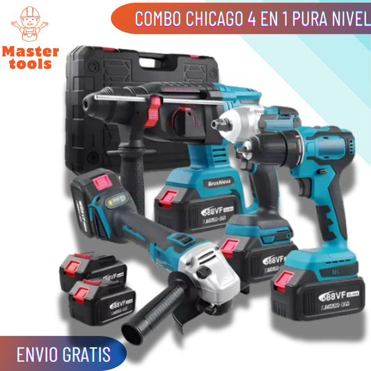 Combo 4 en 1 Chicago: Taladro, Pulidora, Pistola de Impacto y Rotomartillo.